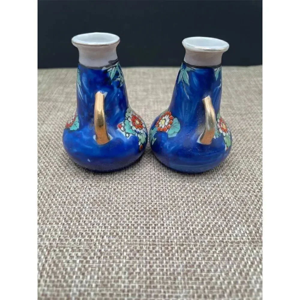 Gold Castle Majolica Blue Floral Hand-Painted Two-Handled Vase Japan Set of 2